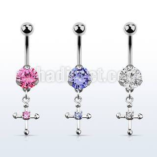 bnrz14s casted steel cz belly banana w cross w cz in center