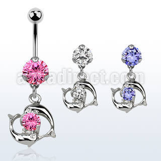 bnrz15 piercing ombligo acero quirurgico zirconia 8mm colgante pareja delfines nadando alrededor zirconia redonda 38 10mm distribuidor mayorista