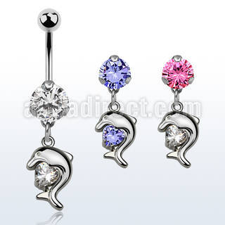 bnrz300 casted steel cz belly banana w dolphin design w cz stone