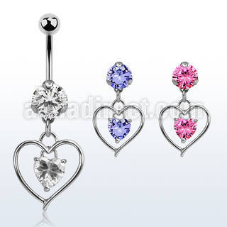 bnrz306 casted steel cz belly banana w heart w heart shaped cz