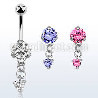 bnrz337 casted steel cz belly banana w dangling heart shaped cz