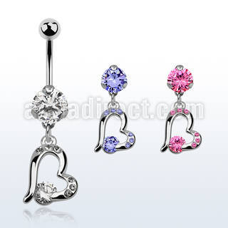 bnrz362 casted steel cz belly banana w heart w a prong set cz
