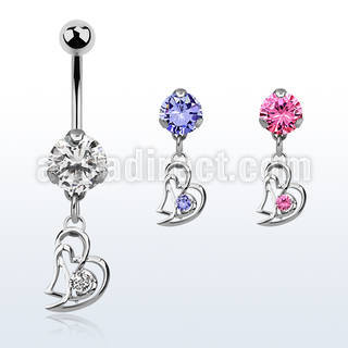 bnrz373 casted steel cz belly banana w double heart w round cz
