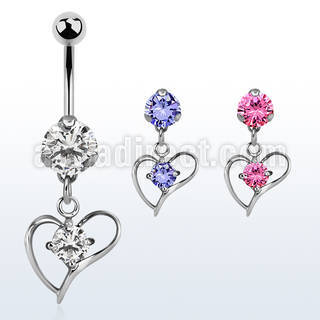 bnrz391 casted steel cz belly banana w heart w prong set cz 
