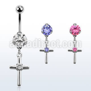 bnrz394 casted steel cz belly banana w cross w round cz