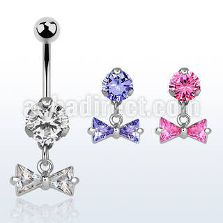 bnrz408 casted steel cz belly banana w dangling prong set cz bow