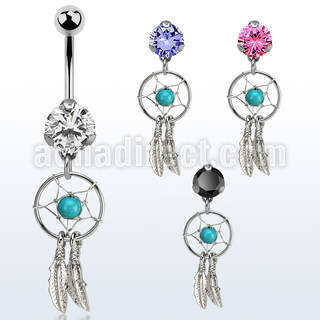 bnrz544 casted steel cz belly banana w dream catcher design