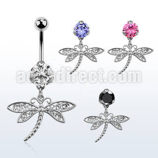 bnrz566 casted steel cz belly banana w dangling dragonfly