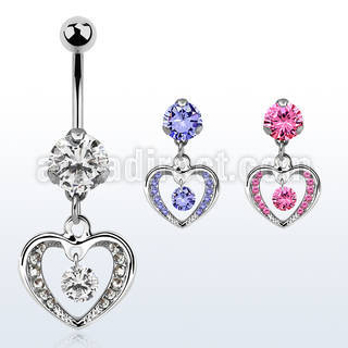 bnrz571 casted steel cz belly banana w round cz in heart shape