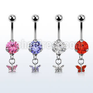 bnrz589 casted steel cz belly banana w small butterfly w cz