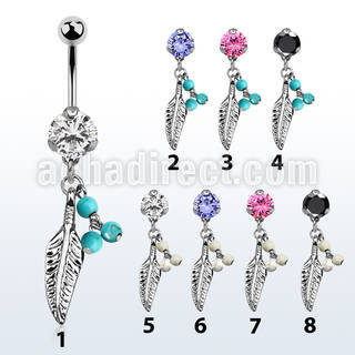 bnrz601b casted steel cz belly banana w feather faux turquoise