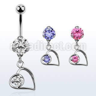 bnrz66 casted steel cz belly banana w lying heart shape w cz