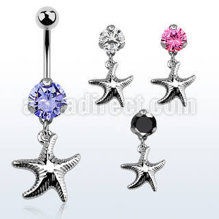 bnrz727 casted steel cz belly banana w dangling plain starfish