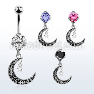 bnrz730c casted steel cz belly banana w vintage moon single star