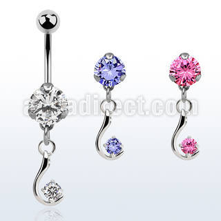 bnrz730z casted steel cz belly banana w dangling single cz 