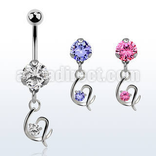 bnrz731 casted steel cz belly banana w fancy heart w single cz 
