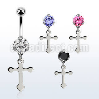 bnrz756 casted steel cz belly banana w dangling plain cross