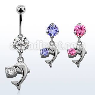 bnrz7x casted steel cz belly banana w small dolphin w round cz