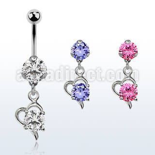 bnrz9 casted steel cz belly banana w heart w big round cz