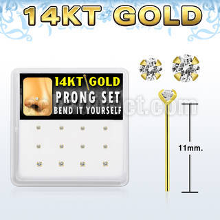 box  14kt gold bend it nose stud w 1.5 & 2mm prong set cz