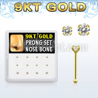 box  9kt gold nose bones w 1.5mm & 2mm prong set czs