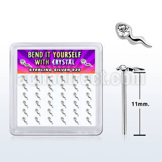 box silver bend it nose stud w sperm shape clear crystal