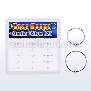 box w 18 pcs. of 925 silver nose hoops w a single ball