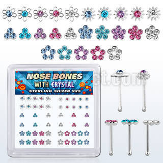 box w 52 silver nose bones w flower crystal tops