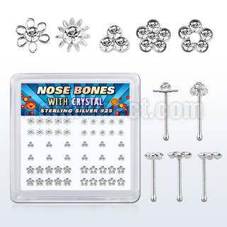 box w 52 silver nose bones w flower crystal tops in clear