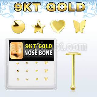 box w 9kt gold nose bones w assorted shaped tops 