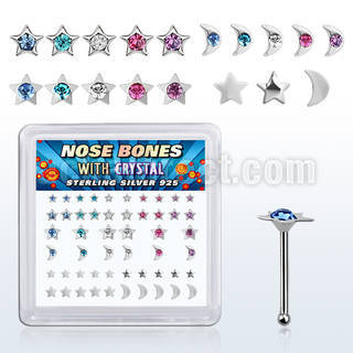 box w silver nose bone w star & moon tops w mix crystals