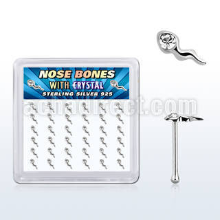 box w silver nose bones w sperm shape clear crystal top