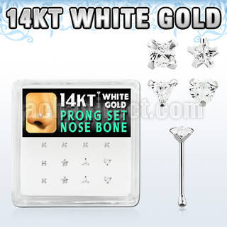 box w white 14kt gold nose bones w assorted prong set cz 
