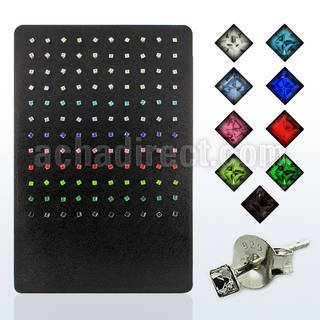 br067 silver earstud with square assorted colored crystal top