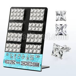 brczsq9 silver ear stud with 9 10mm prong set square cz stones