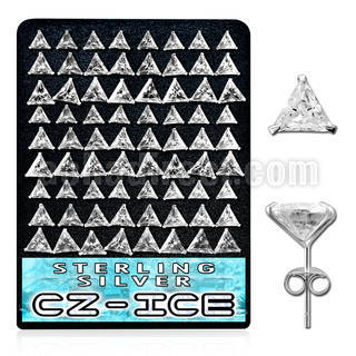 brcztr silver ear stud with clear prong set triangle cz stones