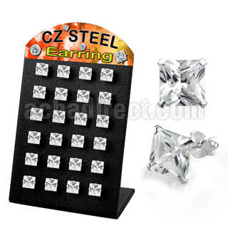 brezq6 stainless steel earring stud w prong square cz stone