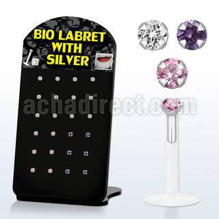 brlbi2 bioflex labret with 2mm prong set round colored cz stone
