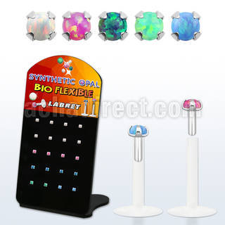 brlbi48 display w bio flex labret w prong set 1.5 synthetic opal