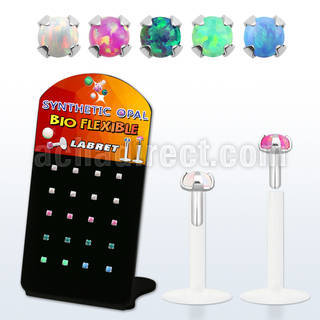 brlbi49 display w bio flex labret w prong set 2mm synthetic opal
