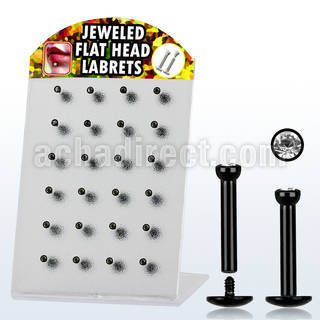 brlbkc black anodized 316l labret w jewel head thread plate