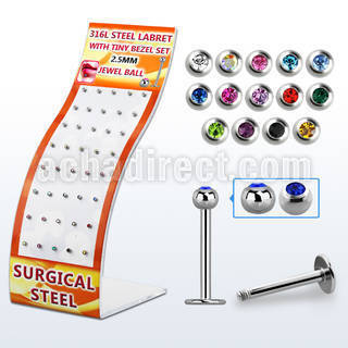 brmlb14 display w 316l steel labrets with tiny 2 5mm jewel ball