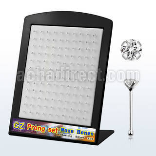 brnbczc silver nose bone with 2mm prong round clear cz stone