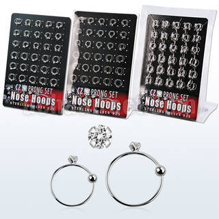 brnhm19 board silver noose hoops w 2mm prong set clear cz stone