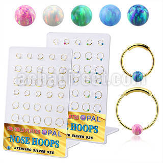 brnhm46 board w 30 gold silver endless nose hoop w 3mm opal ball