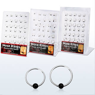 brnhp3 board of 925 silver nose hoops with black plated ball