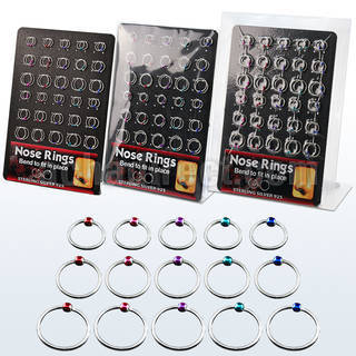 brnhp7 display of 925 silver nose hoops with color plated ball