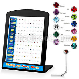 brnspbt silver nose stud w prong birthstone colored crystal top
