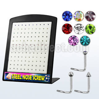 brs113 board of 316l steel nose screws w crystals balls cones