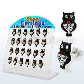 brsfd15 silver earring with ferido glued crystal owl design